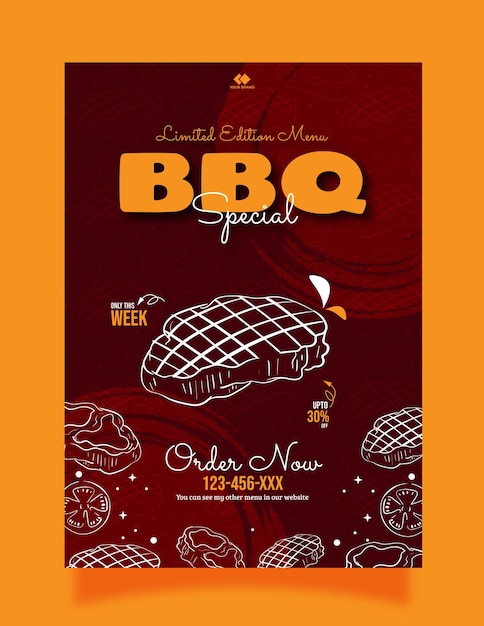 Delicious BBQ Steak and food menu flyer template with hand drawing