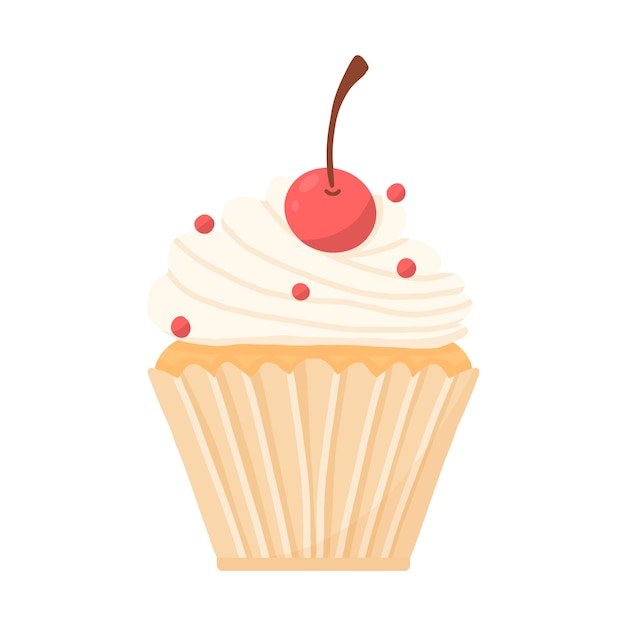 Delicious beautiful cupcake with cream and cherry Muffin with whipped cream Appetizing dessert for birthdays weddings and other holidays Logo for bakeries Vector illustration