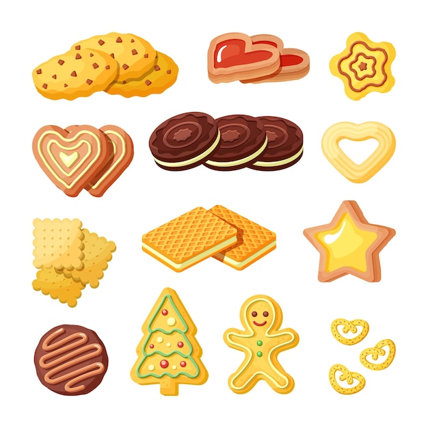 Delicious biscuits, bakery products flat illustrations set