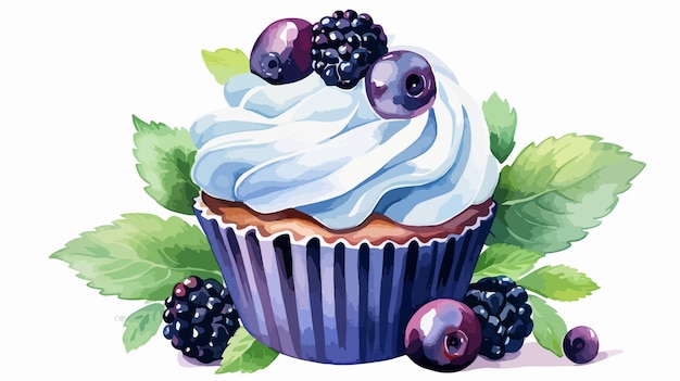 Vector delicious blackberry and blueberry cupcake with fresh berries