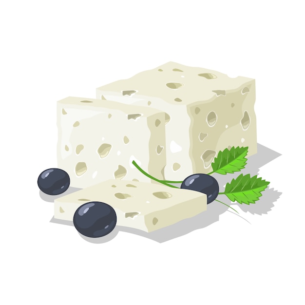 Vector delicious blue, brined or pickled cheese cutted to slices, served with olives and greenery.