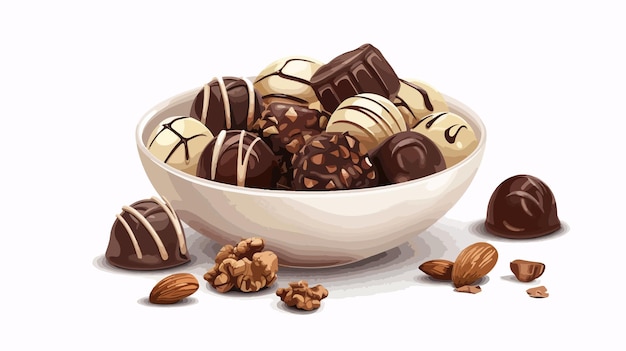 Vector delicious bowl of chocolate candies and nuts on white background