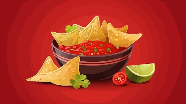 Delicious Bowl of Salsa Sauce and Nachos on Red Background