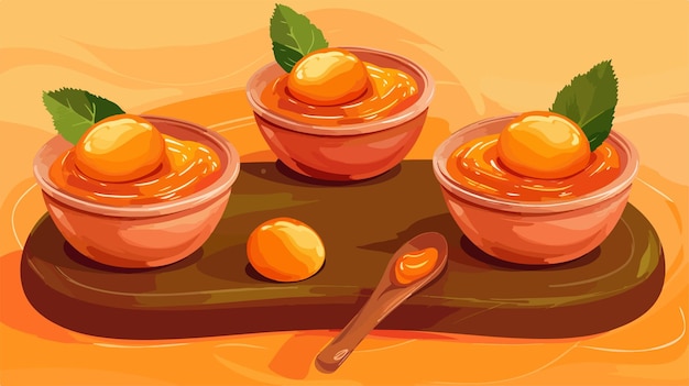 Vector delicious bowls of apricot jam on colorful background