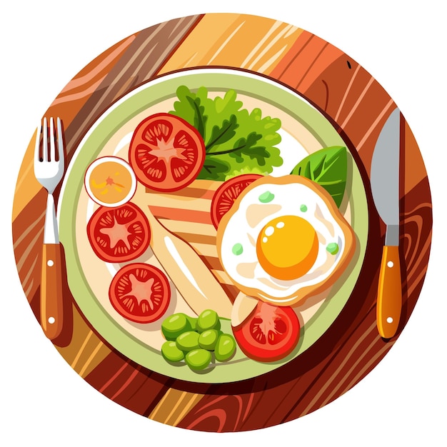 Vector delicious breakfast plate with fried eggs crispy bacon avocado slices and fresh tomatoes on a rus