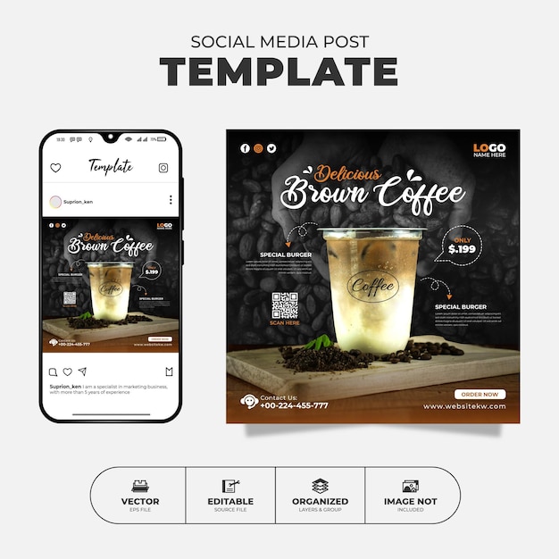 Delicious Brown Coffee Social Media Instagram Post Template Collection