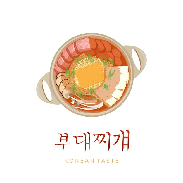 Delicious Budae Jjigae Korean Food Illustration Logo With Complete Filling