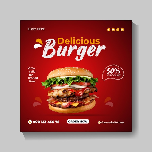 Delicious burger and first food menu social media post design within Fresh pizza burger pasta online sale promotion flyer or poster