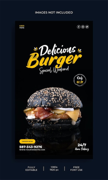 Delicious Burger and food menu restaurant social media story template Premium Vector