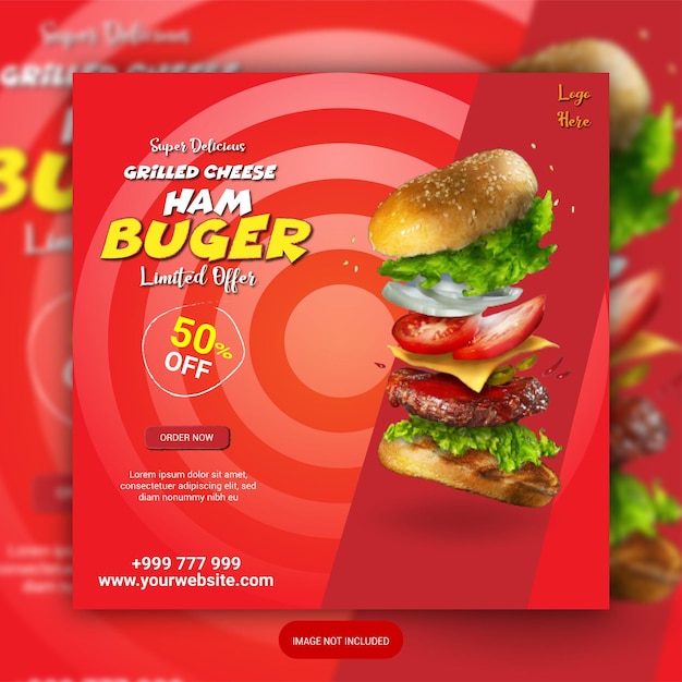 Delicious burger and food menu social media banner template premium vector