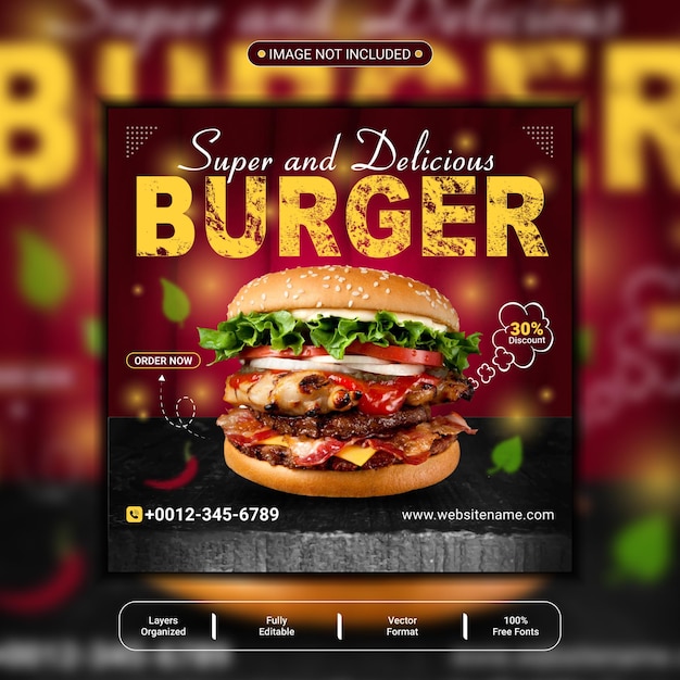 Delicious burger and food menu social media post banner or editable square food banner template