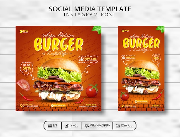 Delicious Burger And Food Menu Social Media Post Template