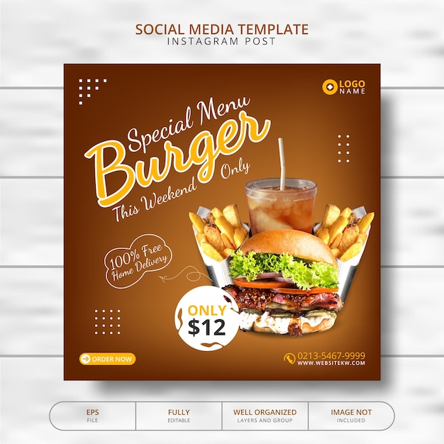 Delicious Burger And Food Menu Social Media post template