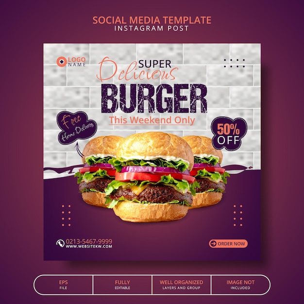 Delicious Burger food Menu Template For Social Media Post Promotion