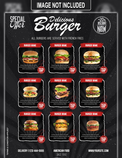 Delicious burger full menu flyer and poster for social media post template