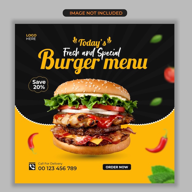 Delicious burger menu and food social media post design template Premium Vector