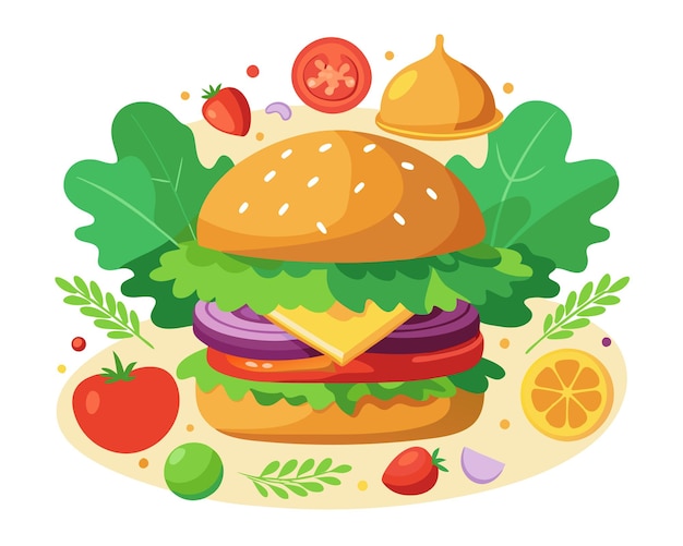 Vector delicious burger with fresh ingredients and vegetable vector illustration