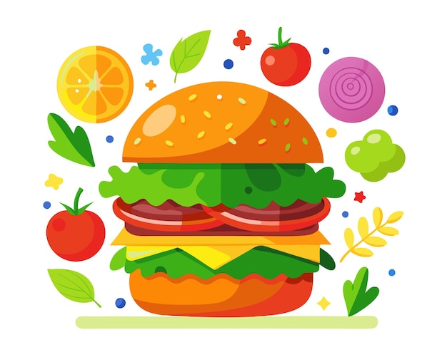 Vector delicious burger with fresh ingredients and vegetable vector illustration