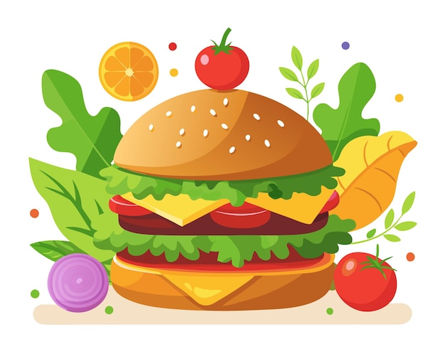 Vector delicious burger with fresh ingredients and vegetable vector illustration