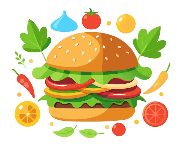 Vector delicious burger with fresh ingredients and vegetable vector illustration