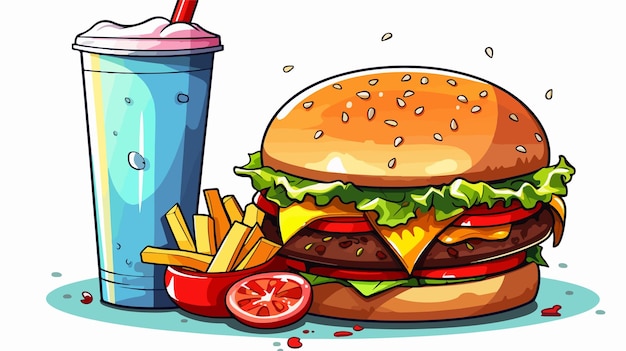 Delicious Burger with Soda Cartoon Vector Illustration