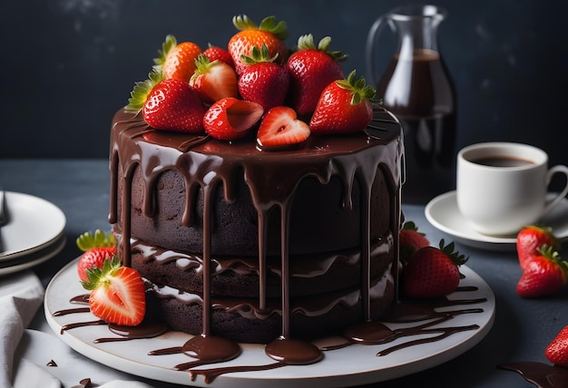 Delicious cake with cherry and strawberry on table