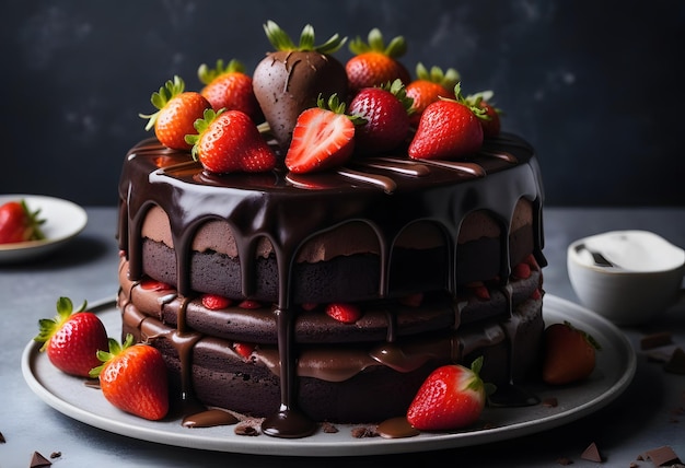 Delicious cake with cherry and strawberry on table