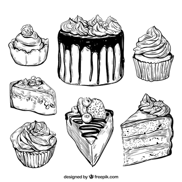 Vector delicious cakes collection in hand drawn style