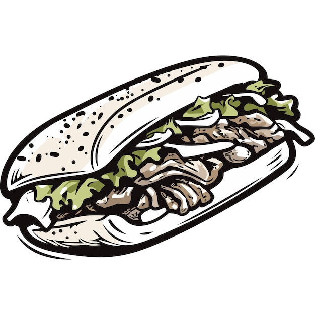 A delicious cartoon illustration of a classic sub sandwich filled with meat lettuce and onions