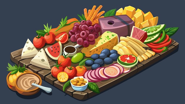 Vector delicious charcuterie board with fresh fruits assorted meats and cheese arranged on a slate platte