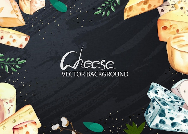 Delicious cheese background with products of different sorts mushrooms and vegetables on chalkboard vector illustration