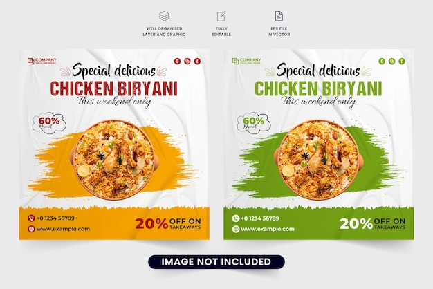 Delicious chicken biryani promotion web banner design with green and yellow colors Restaurant food advertisement template vector with discount offer Chicken biryani social media post for restaurants