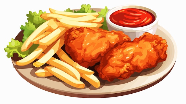 Delicious Chicken Meat with French Fries Cartoon Illustration