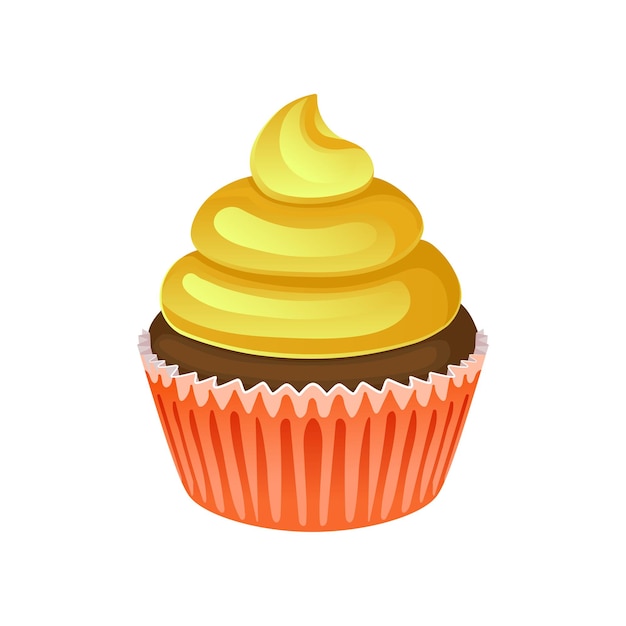 Delicious chocolate cupcake with yellow cream Sweet food Tasty dessert Muffin in red wrapper baking cup Flat vector icon