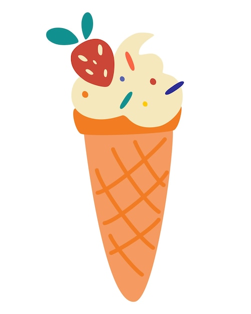 Delicious colorful ice cream in a waffle cone. Ice cream with strawberry. Cold summer desserts vector illustrations.