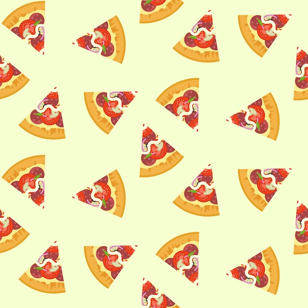 Delicious colorful sliced pizza with salami mushrooms tomato seamless pattern