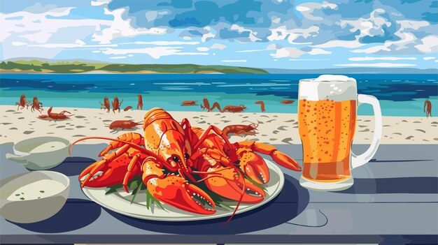 Vector delicious cooked crayfishes served with beer on grey table