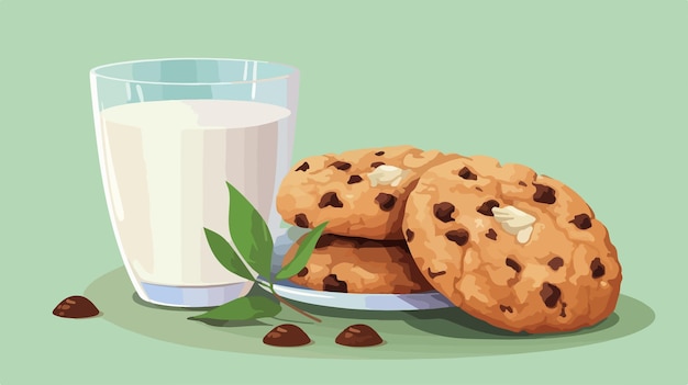 Vector delicious cookies with chocolate chips and a glass of milk