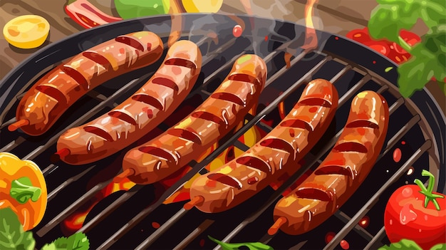 Delicious Cooking of Sausages and Vegetables on Barbecue Grill