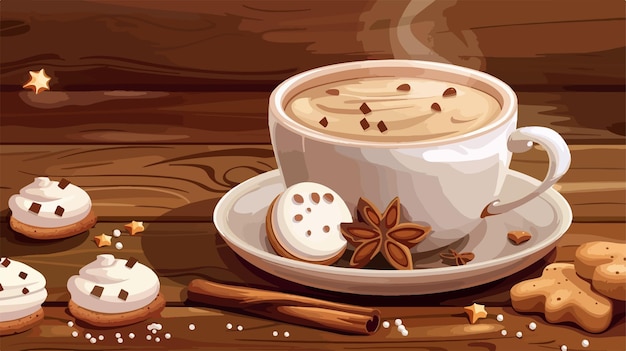 Vector delicious cup of hot chocolate and cookies on wooden background