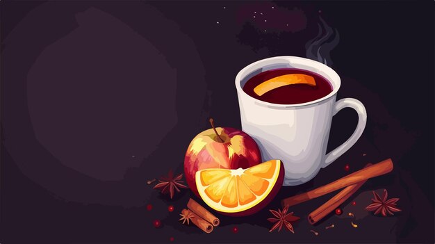 Delicious Cup of Hot Mulled Wine with Fresh Apple and Orange on Black Background