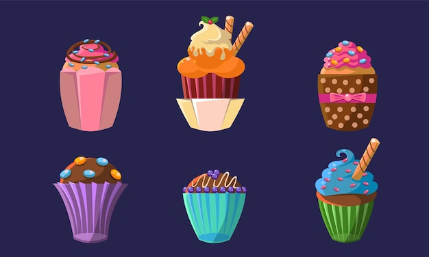 Vector delicious cupcakes set colorful sweet creamy desserts vector illustration on blue background