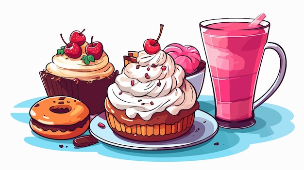 Vector delicious drink and desserts cartoon vector illustration