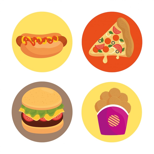 Delicious fast food in circle frames in white