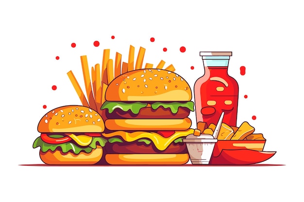 Delicious Fast Food Snack with burger coke and Fresh Vegetables on a White Background illustration burger coke hot and spicy french fries illustration