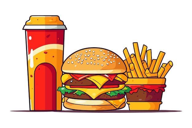 Delicious Fast Food Snack with burger coke and Fresh Vegetables on a White Background illustration burger coke hot and spicy french fries illustration