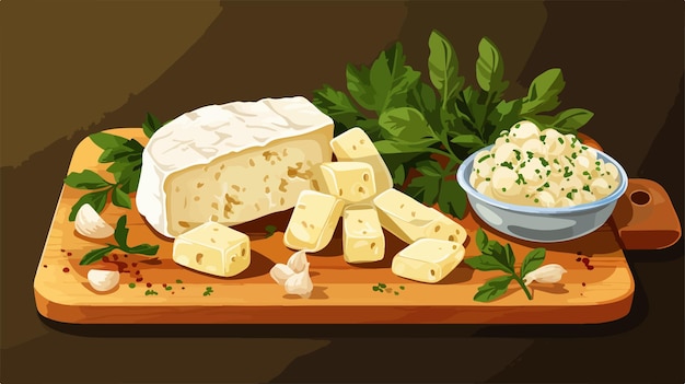 Vector delicious feta cheese board on table