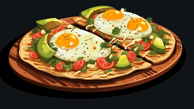 Vector delicious flatbread with egg and avocado on dark background