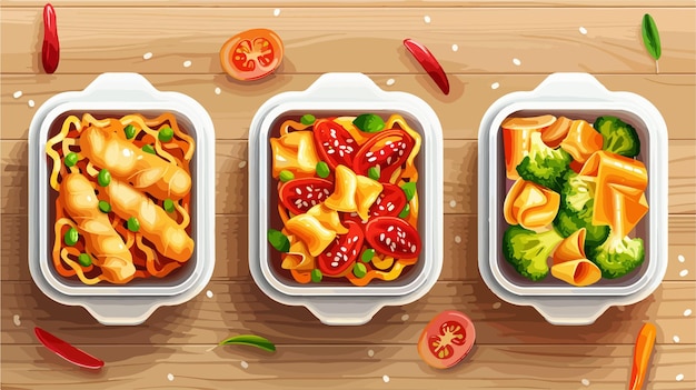 Delicious Food Containers on Wooden Background