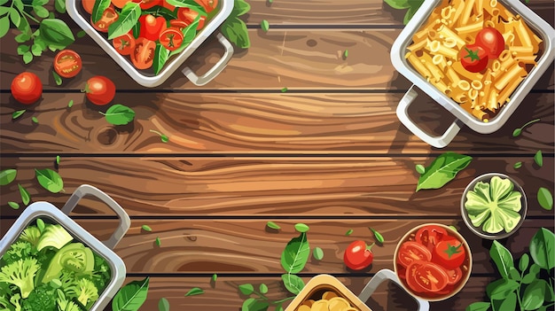 Delicious Food Containers on Wooden Background